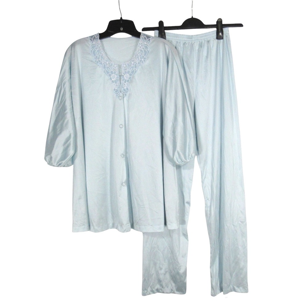 VTG VANITY FAIR Blue NYLON Button-Up FLORAL TRIM Lounge PAJAMA SET Top/Pants S